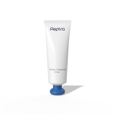 A white squeeze tube of Peptra Estriol / Tretinoin skincare cream with a blue cap, shown on a clean white background with a soft shadow.