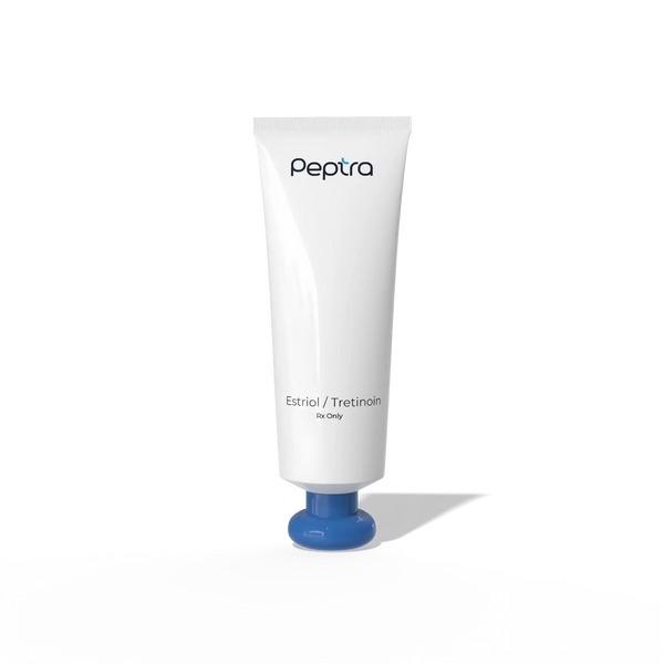 A white squeeze tube of Peptra Estriol / Tretinoin skincare cream with a blue cap, shown on a clean white background with a soft shadow.